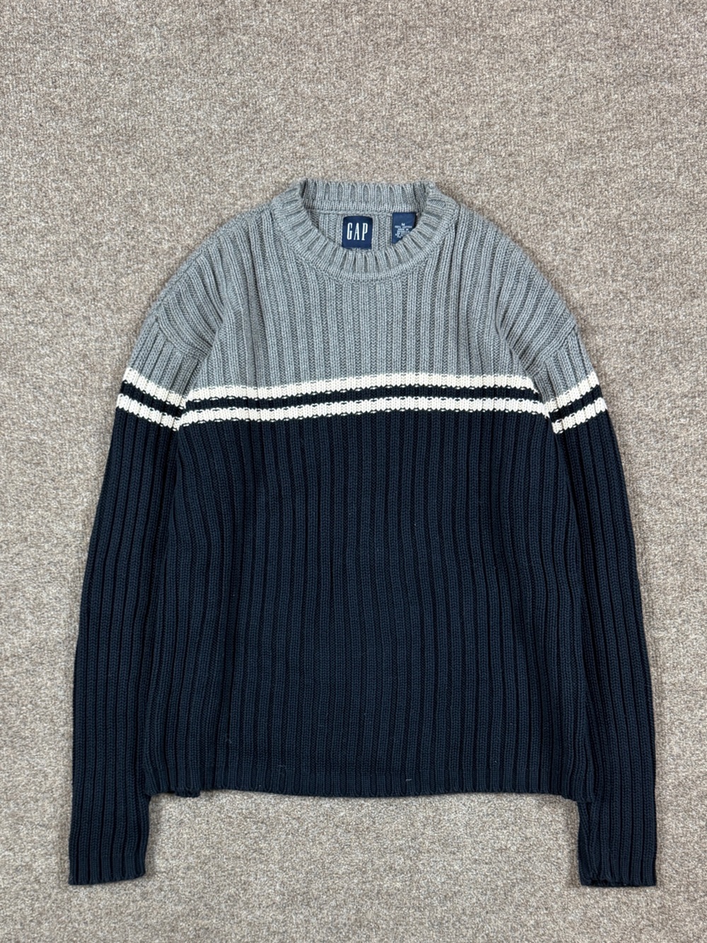 Vintage Gap Navy Gray Chest Stripe Ribbed Crewneck Sweater Men’s M Cotton Y2K